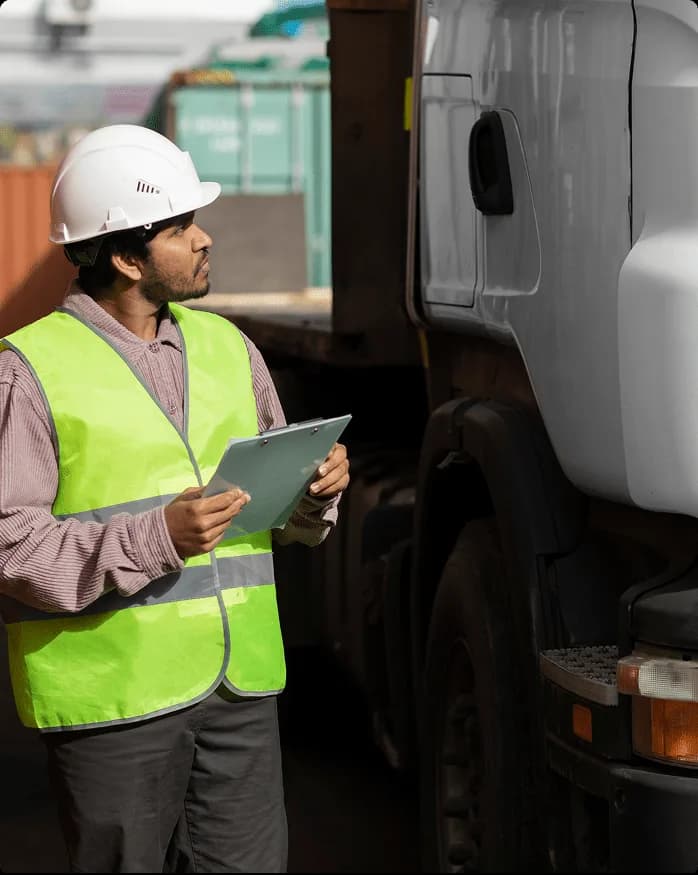 Fleet inspector in a high-visibility vest reviewing a clipboard beside a truck cab
