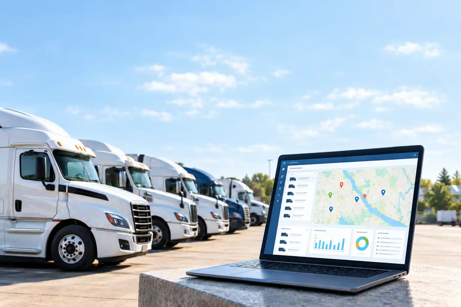 Laptop showing a fleet tracking map and dispatch dashboard beside a row of white semi trucks in a truck yard